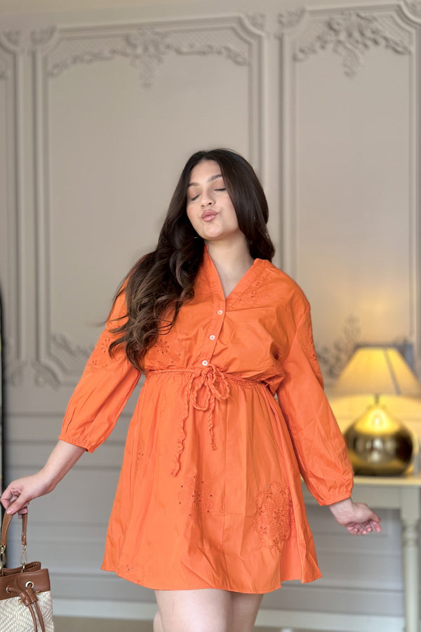 Shirt Dress with Cut Work | Orange