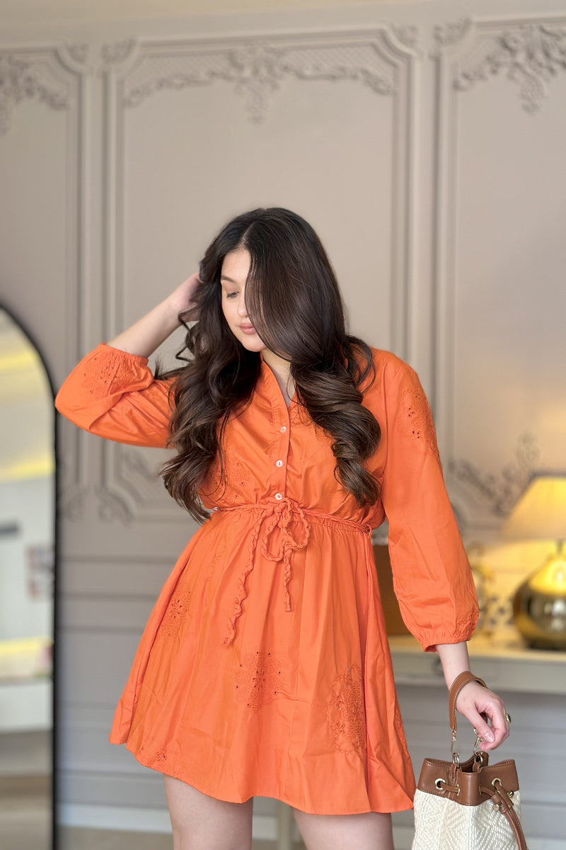 Shirt Dress with Cut Work | Orange