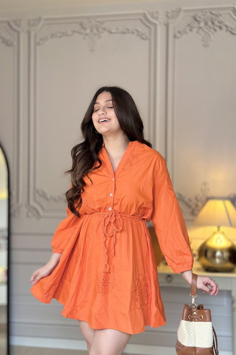 Shirt Dress with Cut Work | Orange