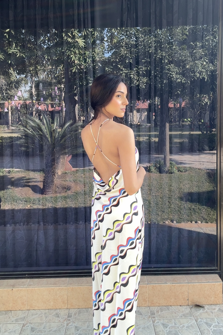 Printed Backless Satin Maxi Dress