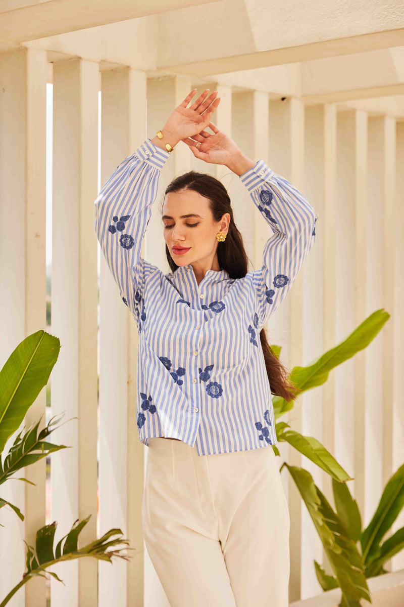 Striped Top with Embroidery | Blue