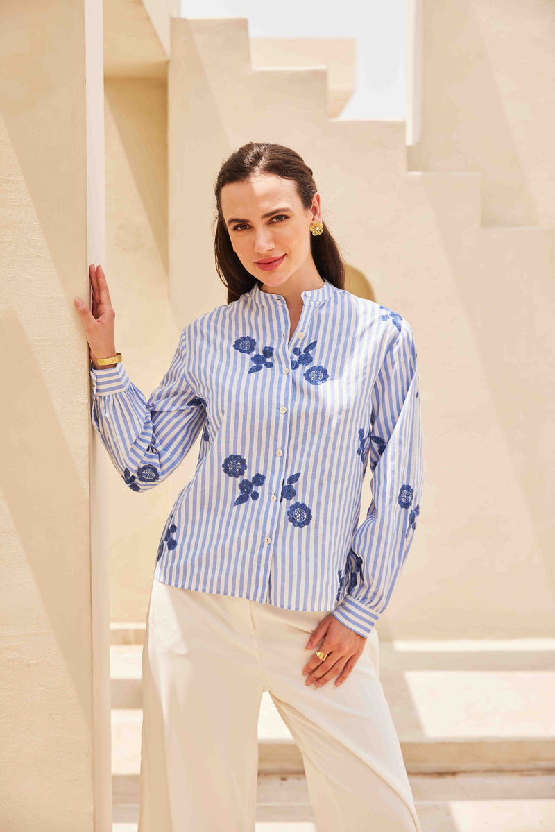 Striped Top with Embroidery | Blue