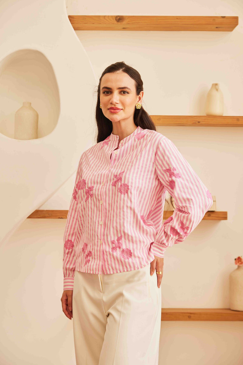 Striped Top with Embroidery | Pink